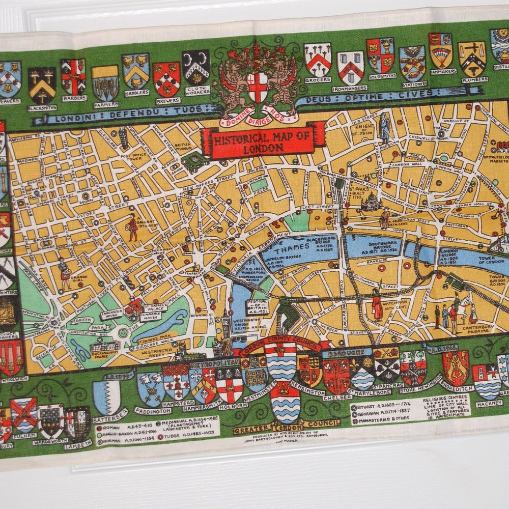 Collectable Irish Linen Towel Historical Map of London 19" 1/2" by 30"